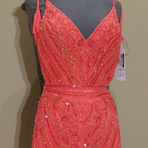 SCALA short beaded low v neck back dress in hot pink size 0